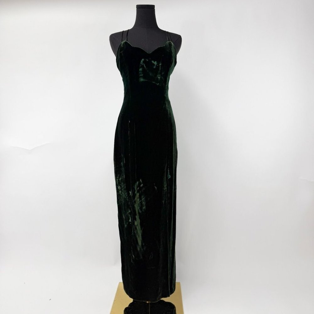 VINTAGE 90S GREEN VELOUR RACERBACK STRAPS SCALLOPED FOREST GREEN LONG DRESS